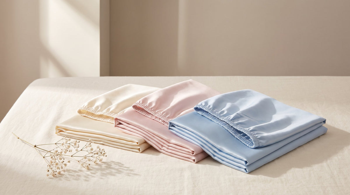 Three folded mulberry silk fitted sheets in warm ivory, light pink and sky blue
