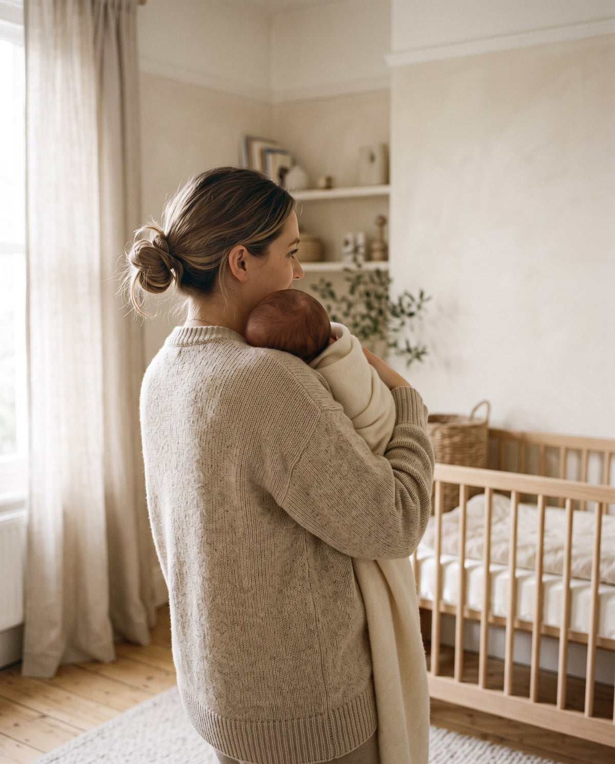 A mother holding her newborn in a sunlit nursery