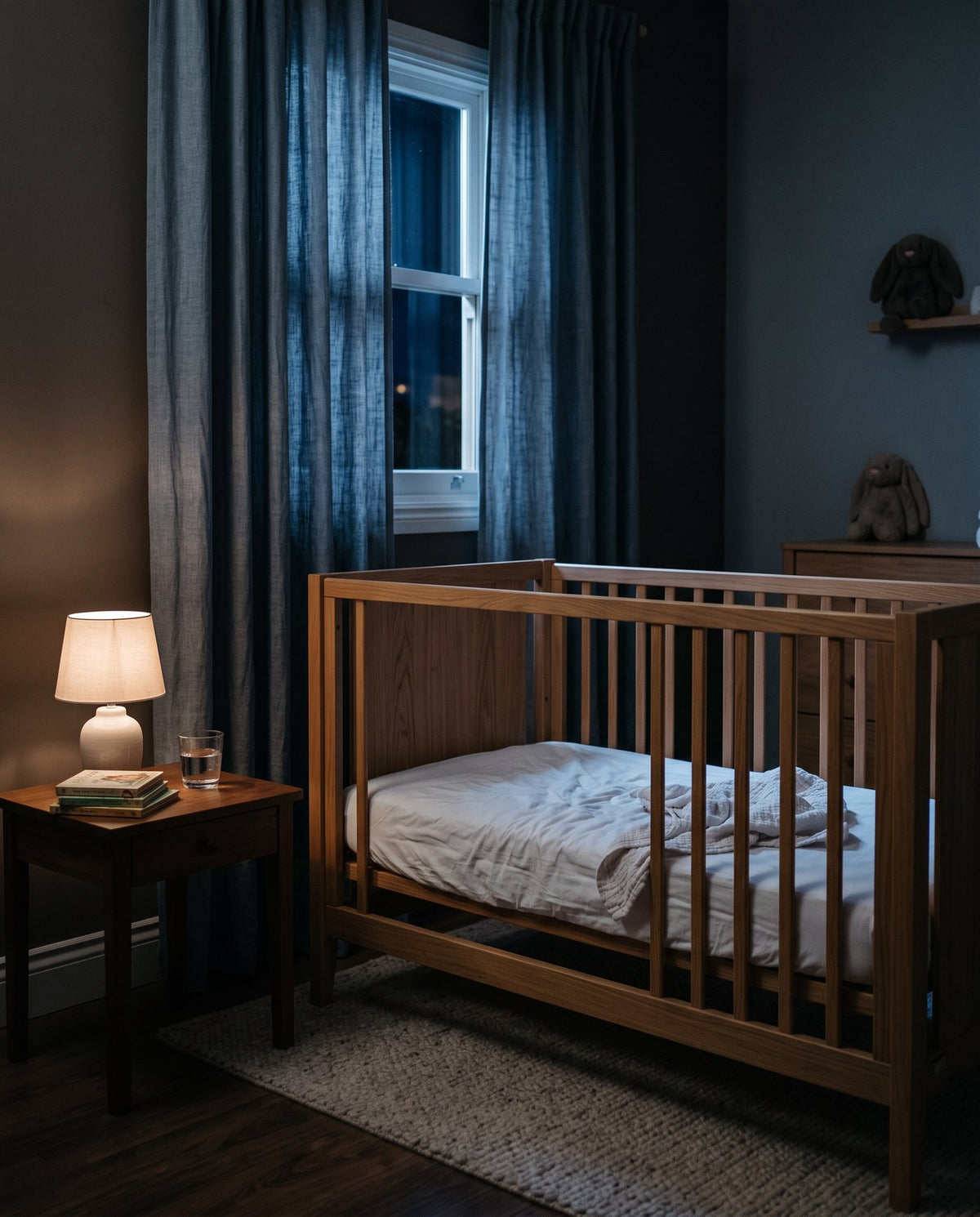 A cot with a rumpled cotton sheet in a dim nursery late at night