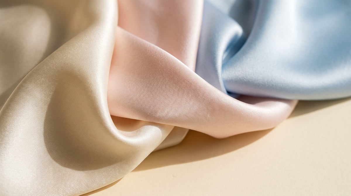 Close-up of mulberry silk in warm ivory, light pink and sky blue, showing the satin sheen